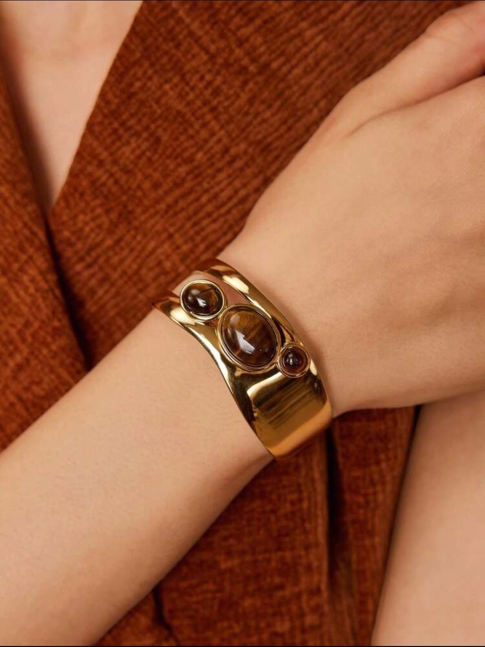 Gold-Tone Cuff Bracelet with Brown Cabochons - Women Jewelry
